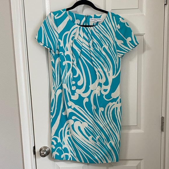 Vintage Trina Turk short sleeve aqua/white swirl print dress - Picture 1 of 10